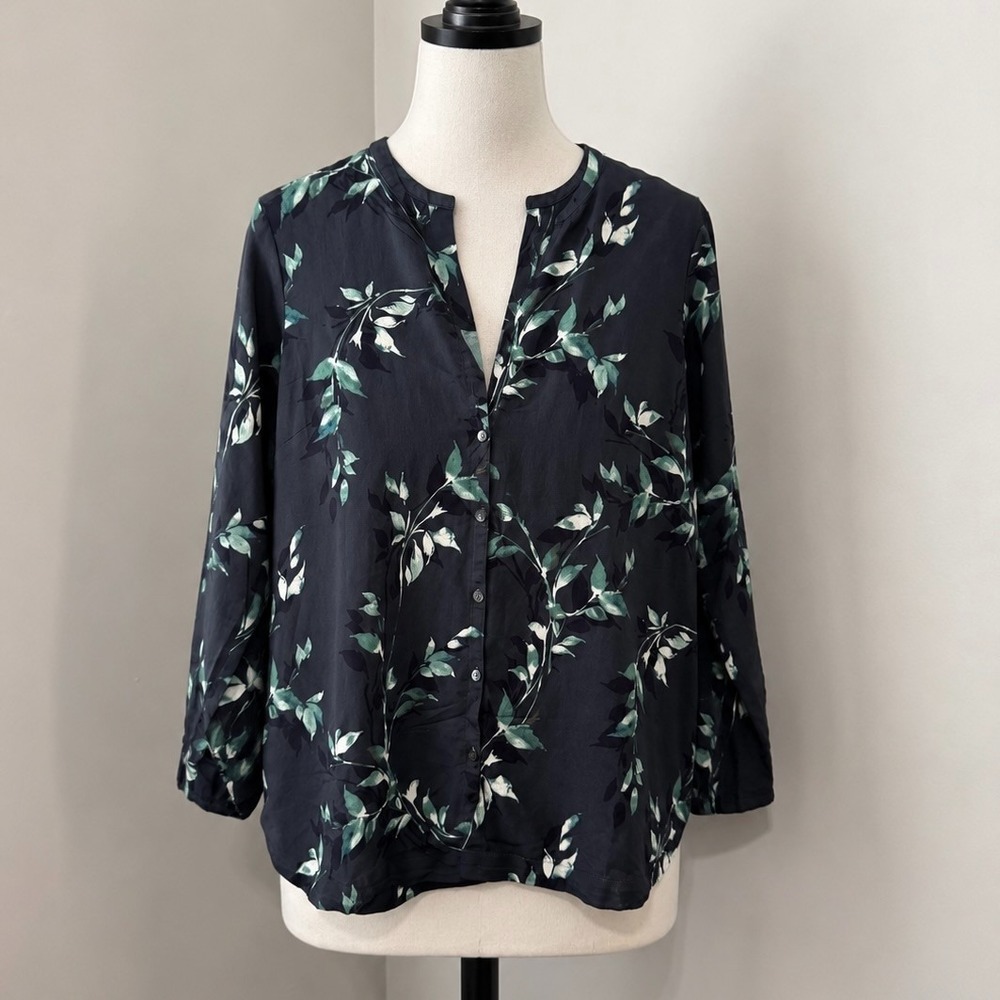 Pure Jill Blouse Womens Small Navy‎ Botanical Floral Button Front Lenzing Ecover